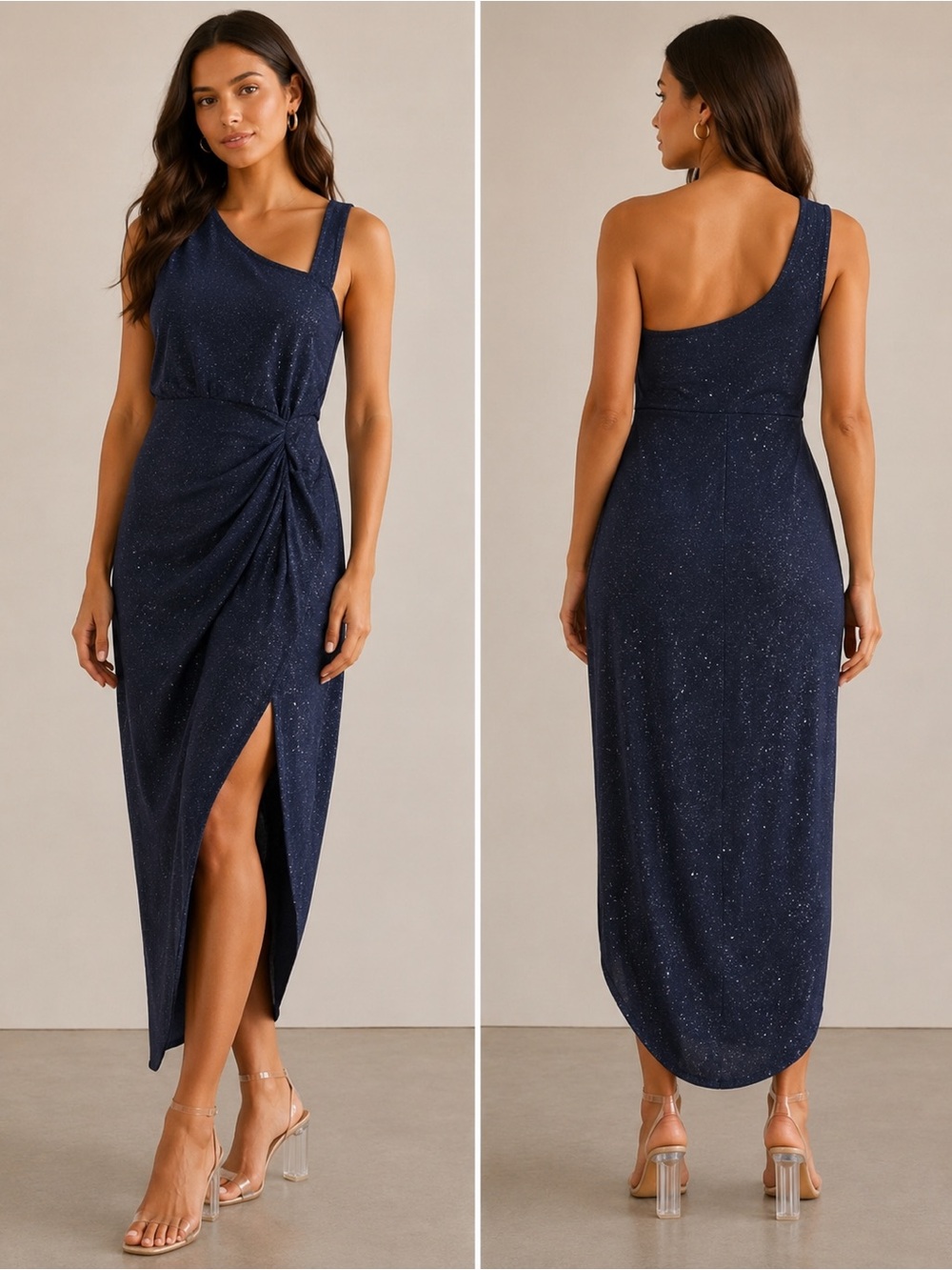 SHEIN Navy One-Shoulder Glitter Draped Midi Dress